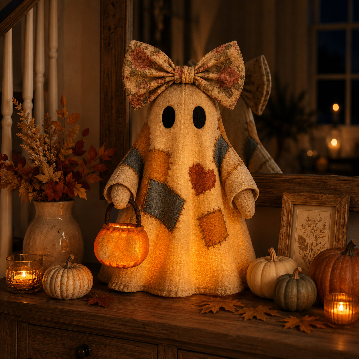 Vintage-style patchwork ghost light decoration