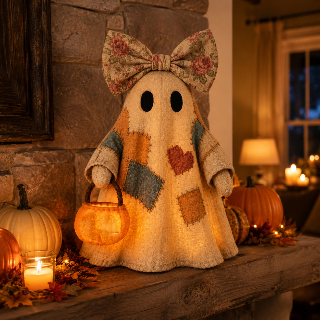 Vintage-style patchwork ghost light decoration