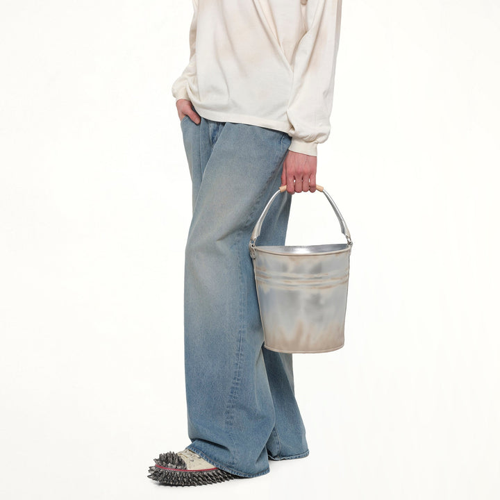 Silver bucket leather bag