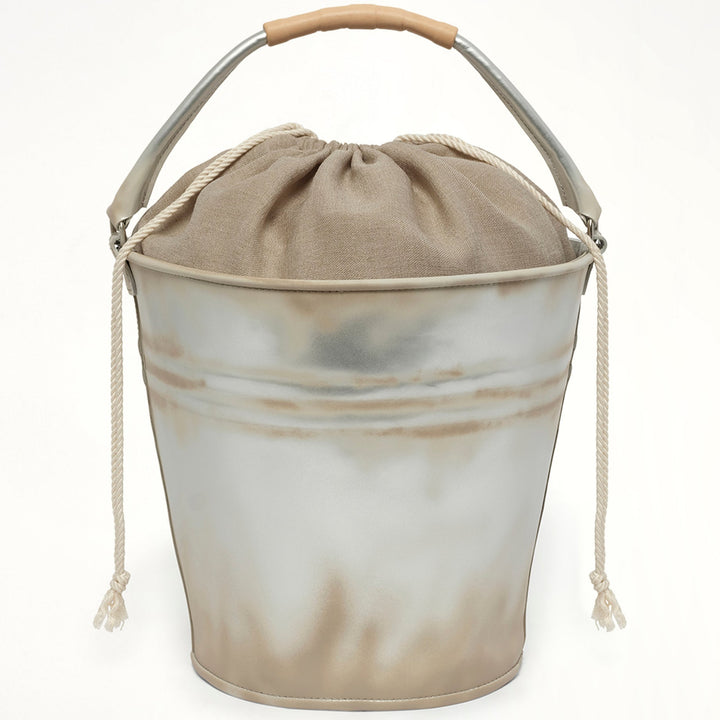 Silver bucket leather bag