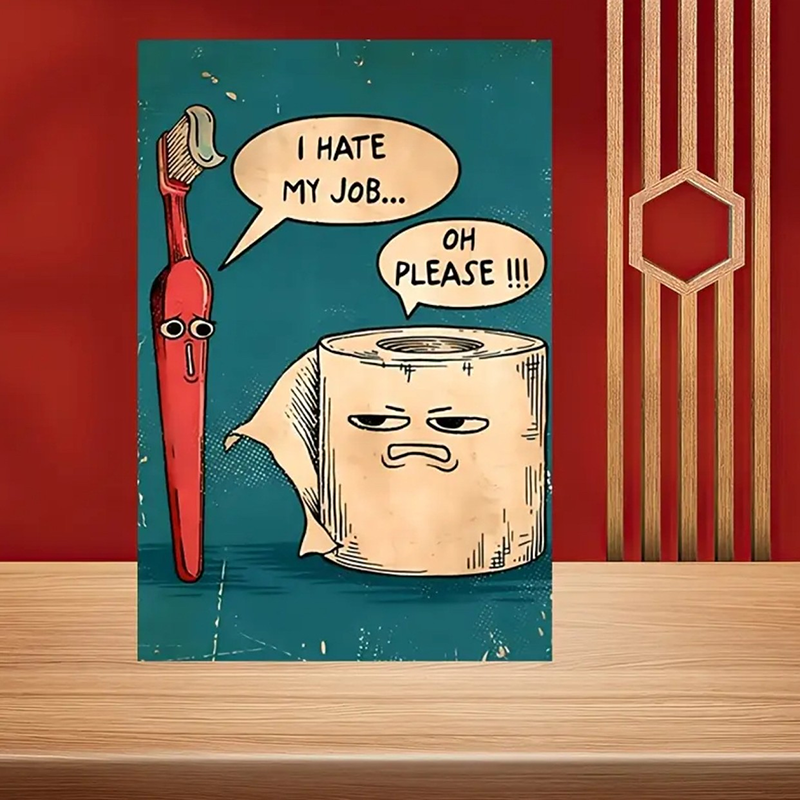 Humorous Vintage-Style Wall Art: Toothbrush &amp; Toilet Paper Design