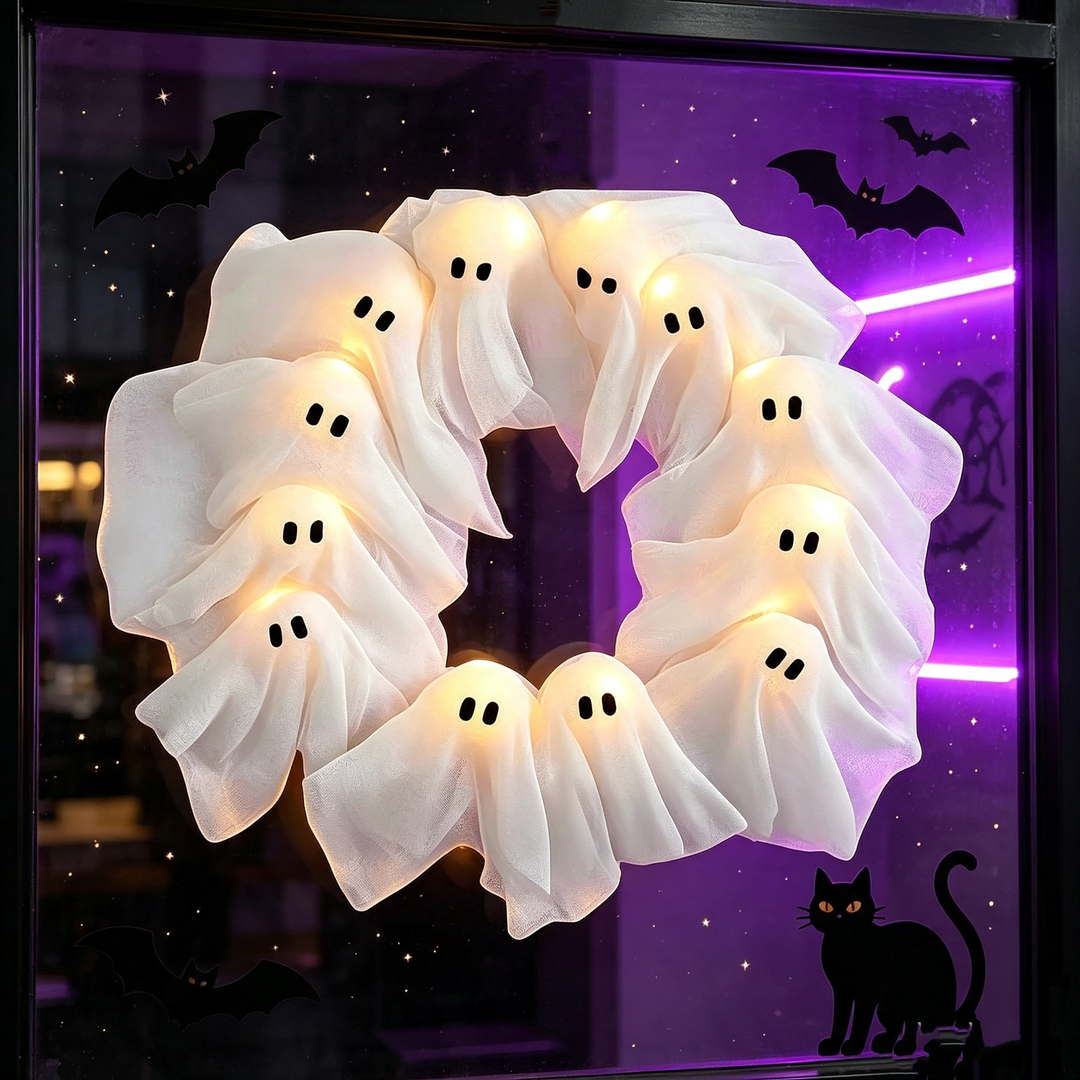 Halloween Ghost Glowing Wreath Door Decoration