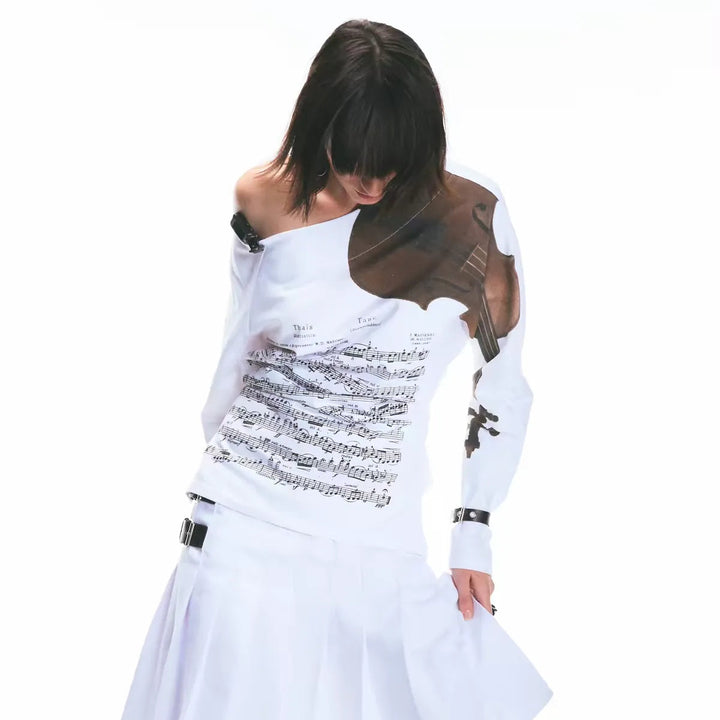 Music Violin Graphic Off Shoulder Top