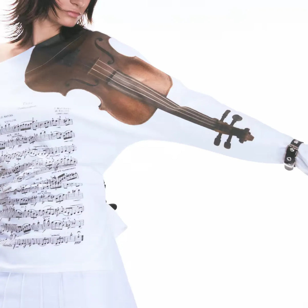 Music Violin Graphic Off Shoulder Top