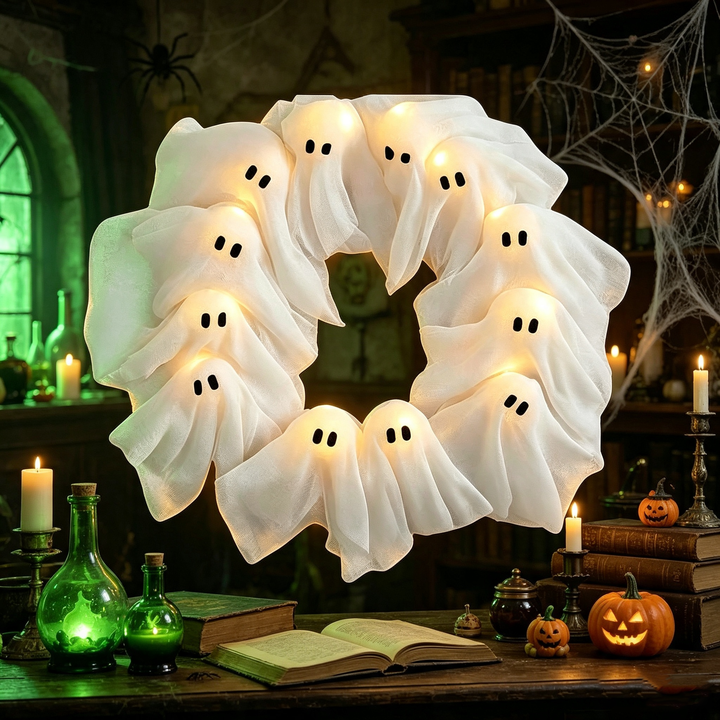 Halloween Ghost Glowing Wreath Door Decoration