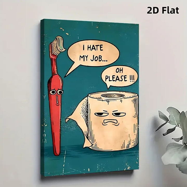 Humorous Vintage-Style Wall Art: Toothbrush &amp; Toilet Paper Design