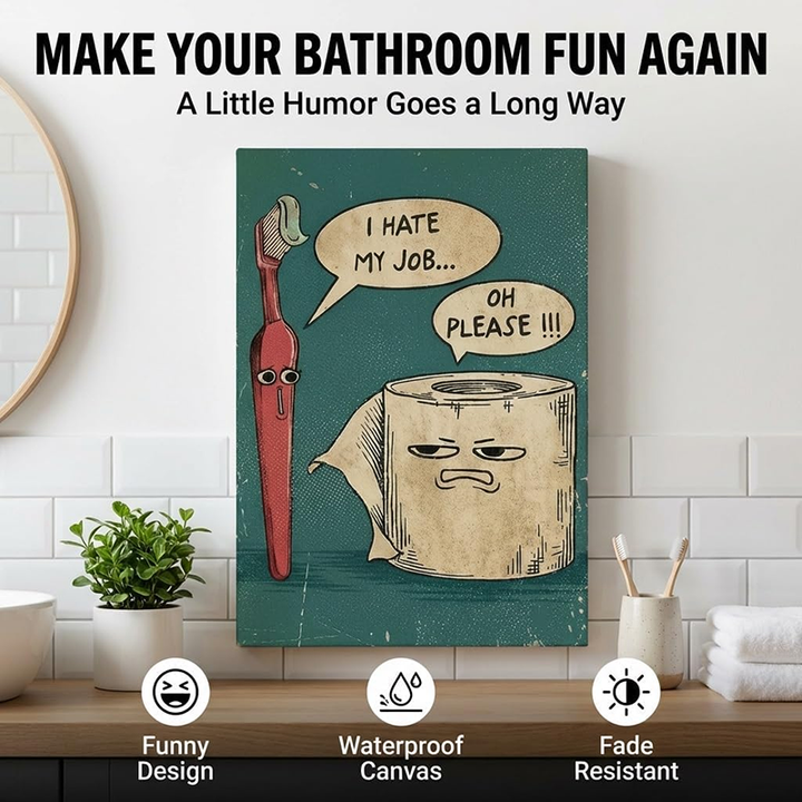 Humorous Vintage-Style Wall Art: Toothbrush &amp; Toilet Paper Design
