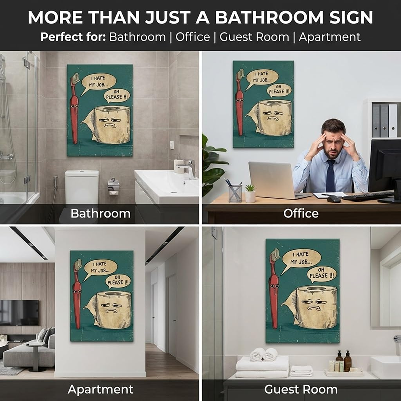 Humorous Vintage-Style Wall Art: Toothbrush &amp; Toilet Paper Design
