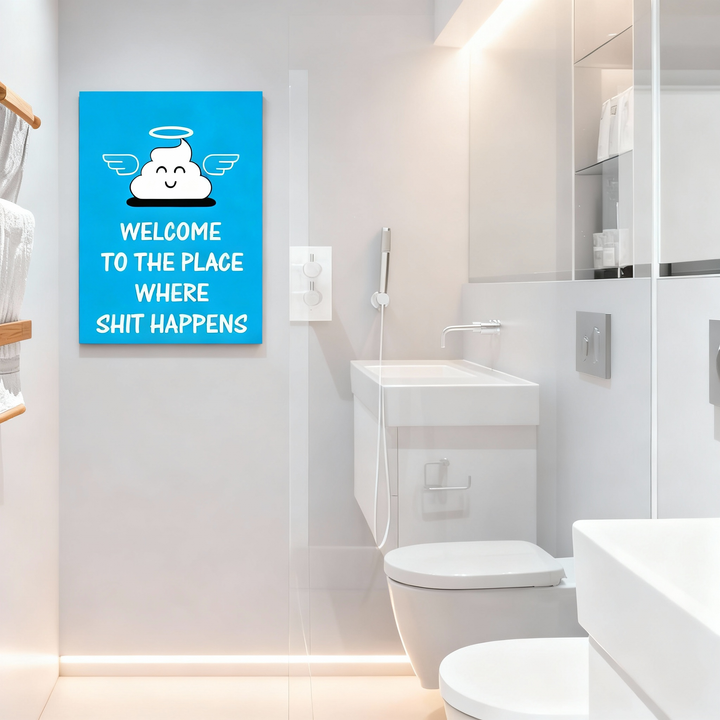 Fun bathroom wall art—"Angelic Shit: Welcome to the Place"