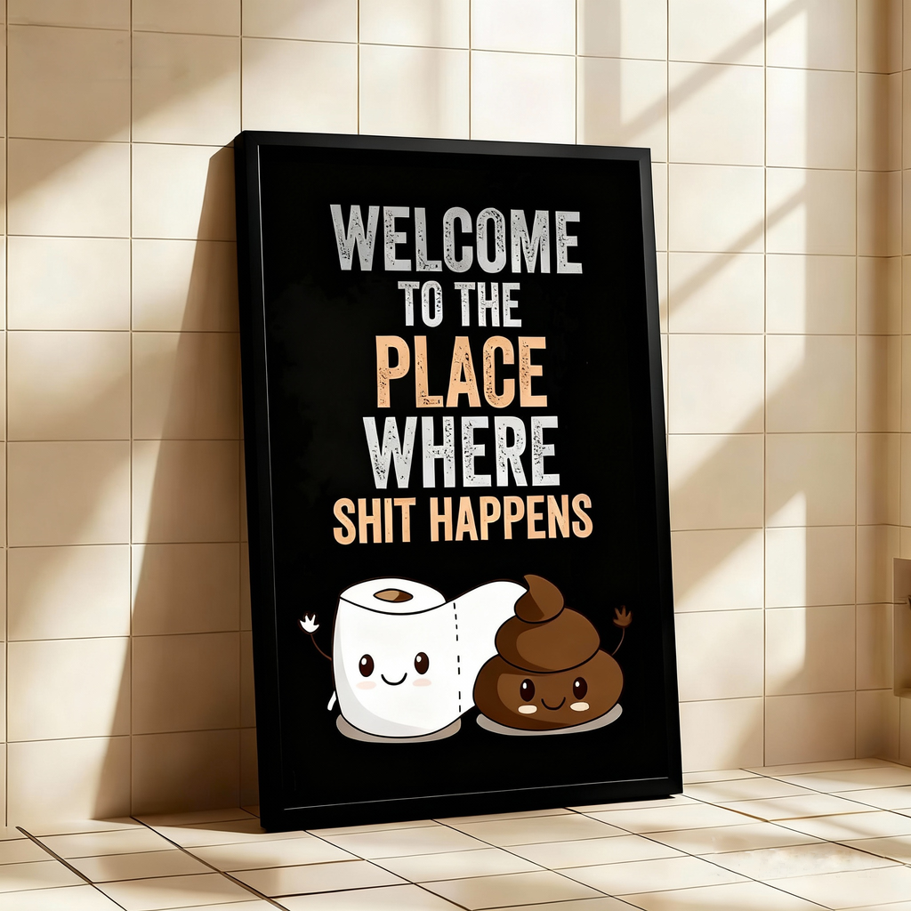 Fun bathroom wall art—"Where Shit Happens (With Pals)