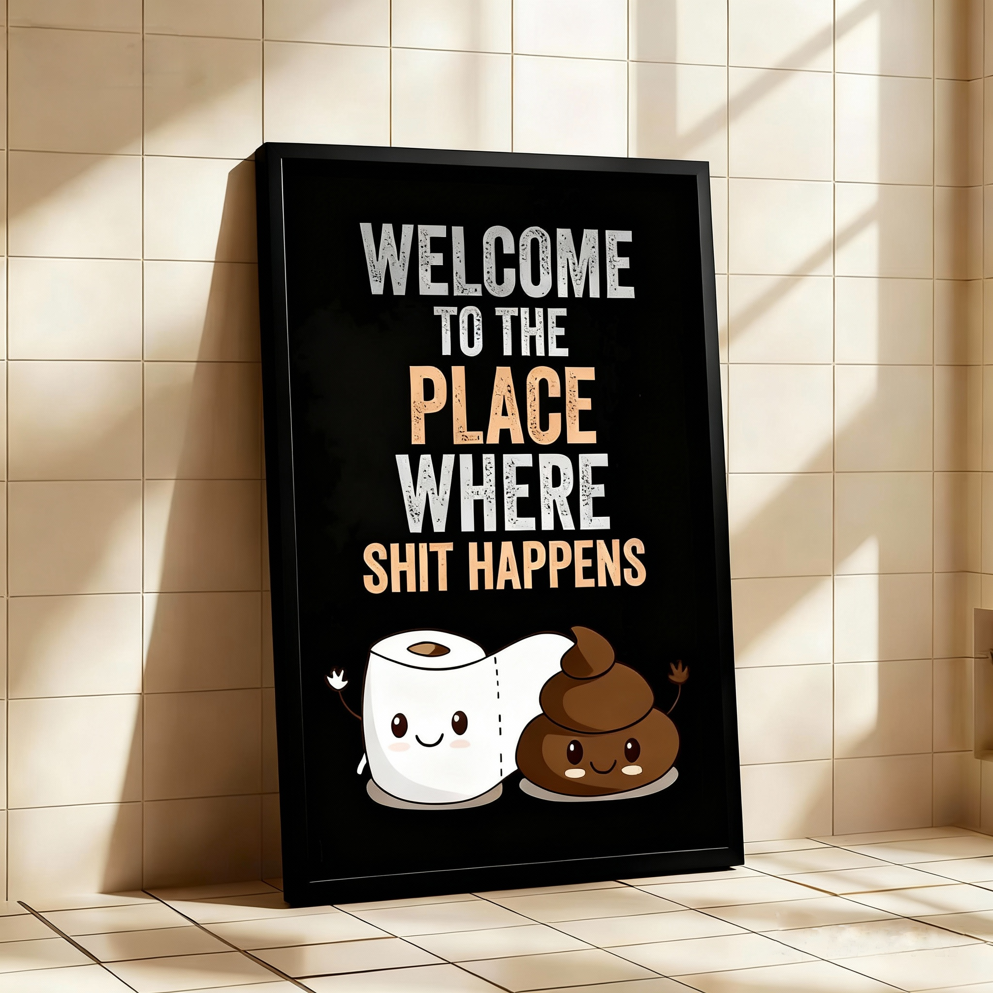 Fun bathroom wall art—"Where Shit Happens (With Pals)