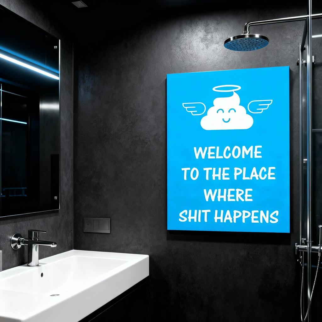 Fun bathroom wall art—"Angelic Shit: Welcome to the Place"