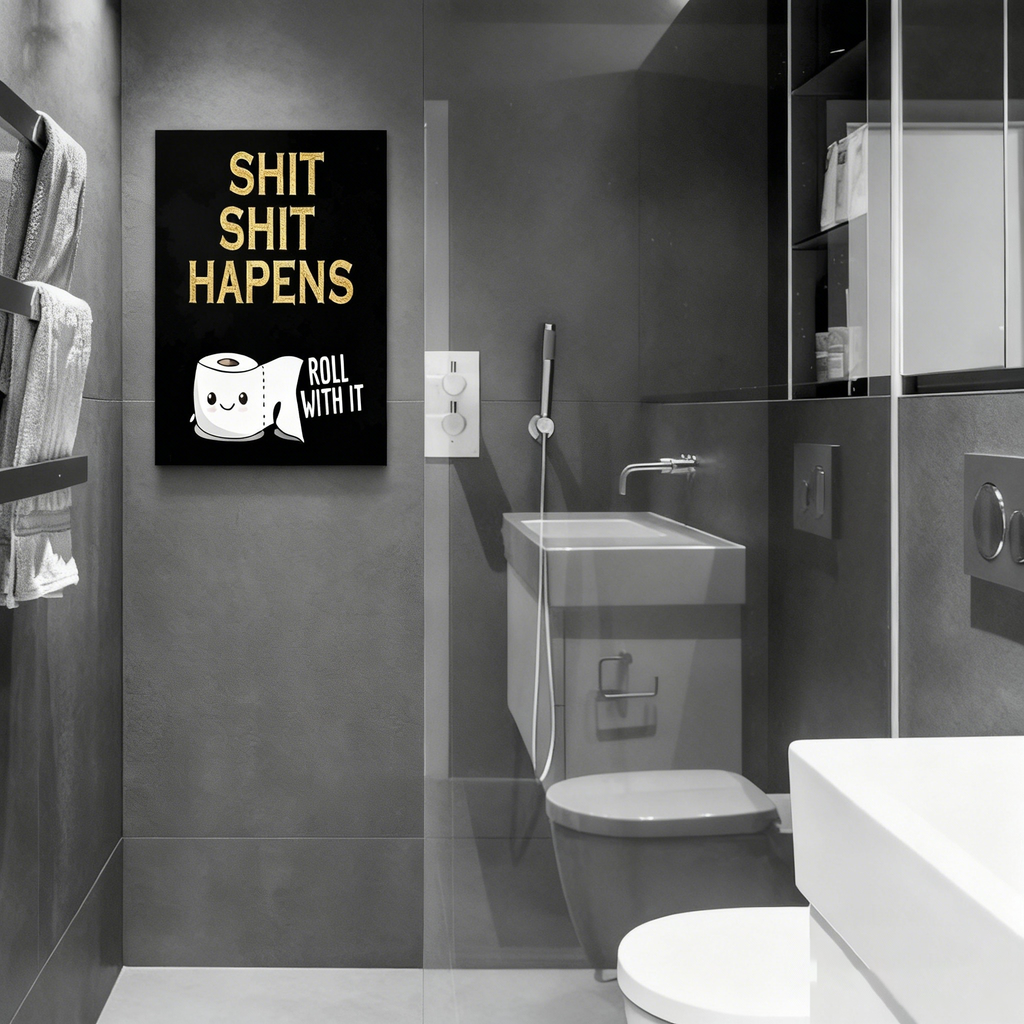 Fun bathroom wall art—"Shit Happens & Roll With It"