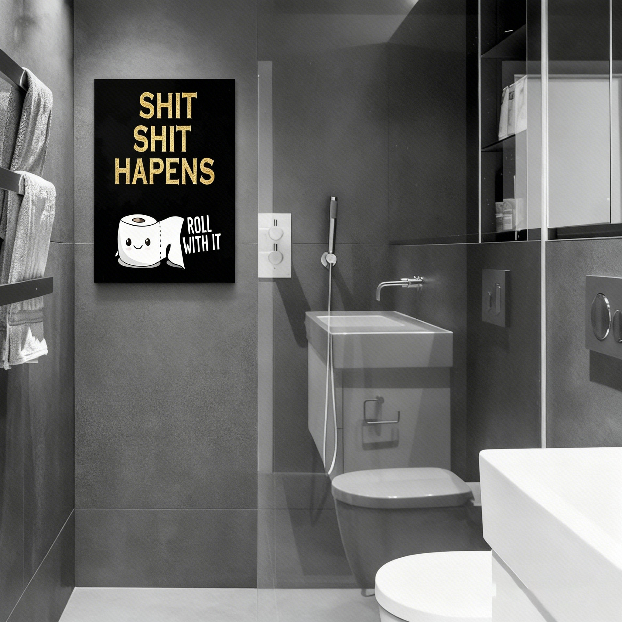 Fun bathroom wall art—"Shit Happens & Roll With It"