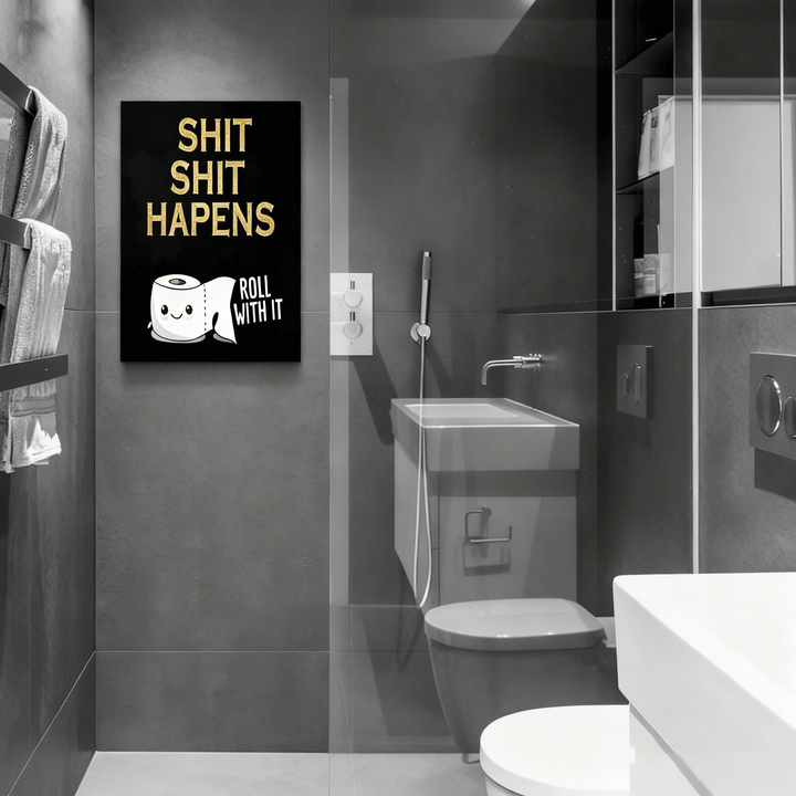 Fun bathroom wall art—"Shit Happens &amp; Roll With It"