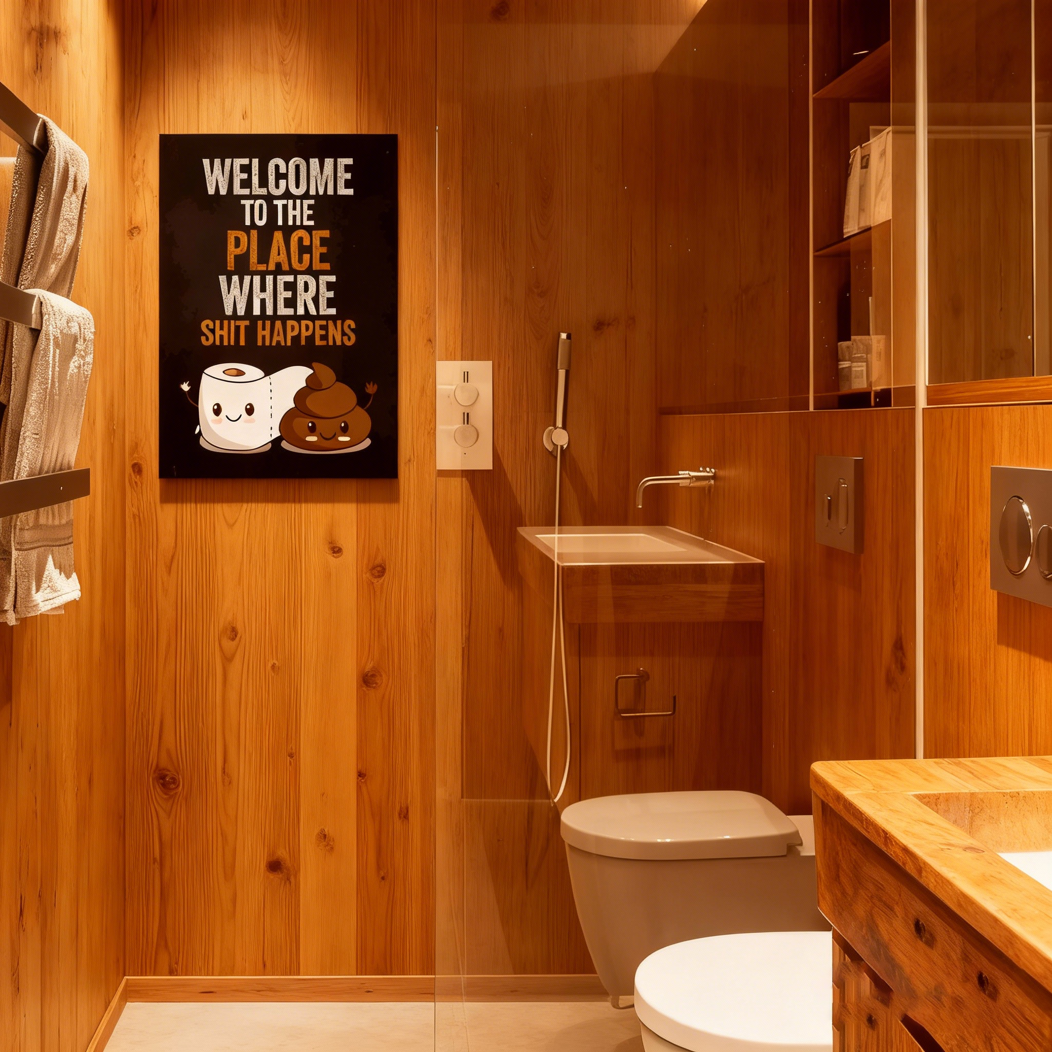 Fun bathroom wall art—"Where Shit Happens (With Pals)
