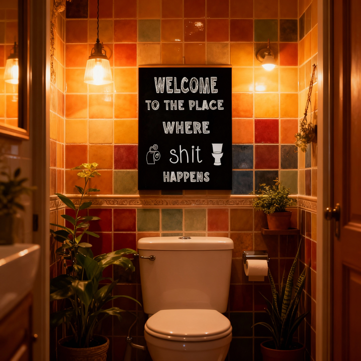 Fun bathroom wall art—"Welcome to the Place (Toilet &amp; Roll Included)