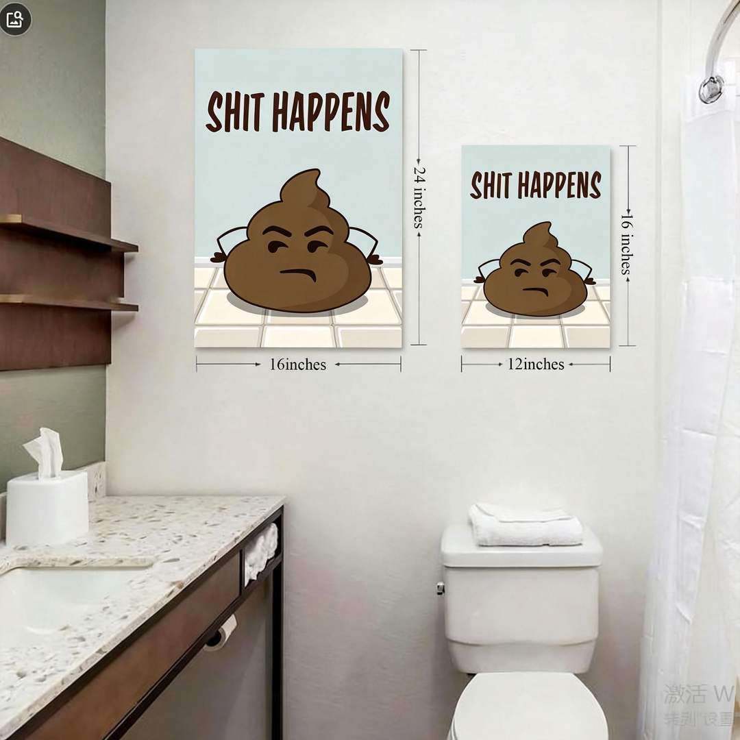 Fun bathroom wall art—"Grumpy Poop: Shit Happens (With Attitude)"