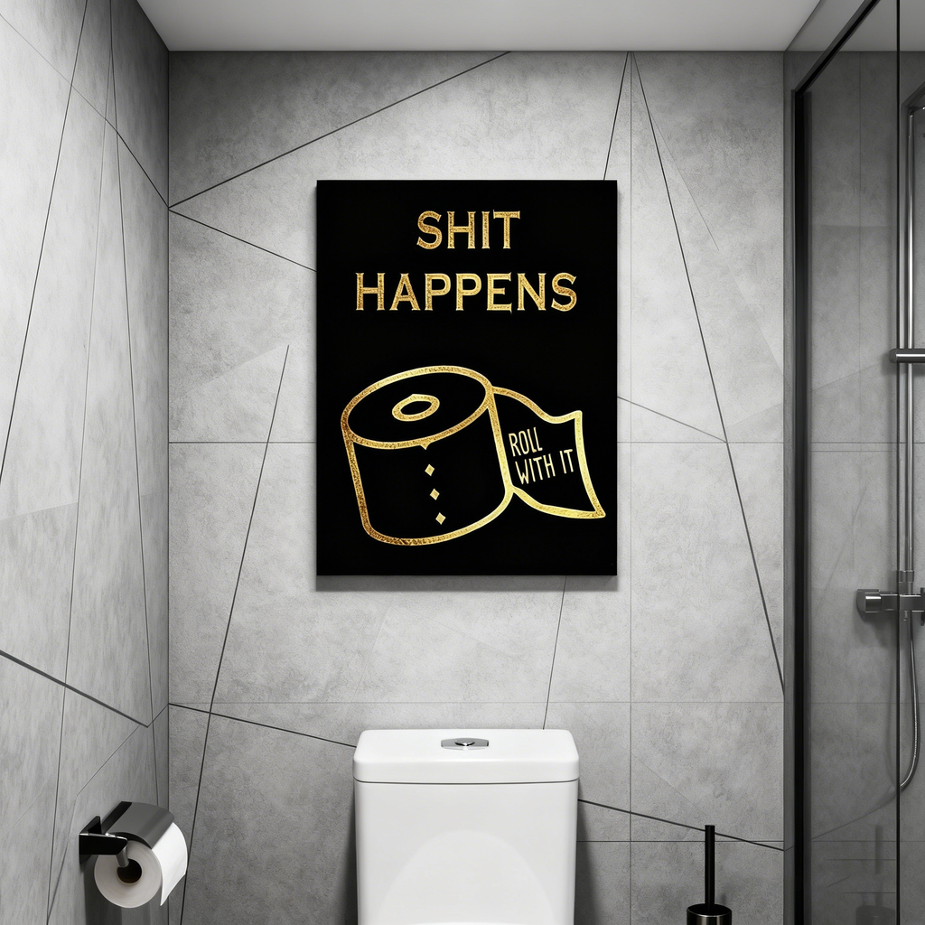 Fun bathroom wall art—"Shit Happens & Roll With It"