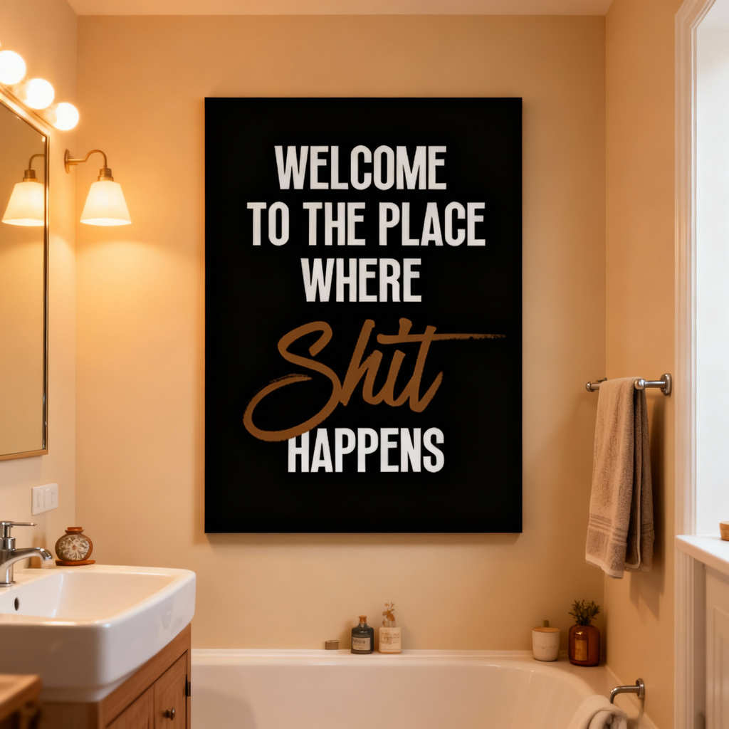 Fun bathroom wall art—"Handwritten Twist: Welcome to the Shit Place"
