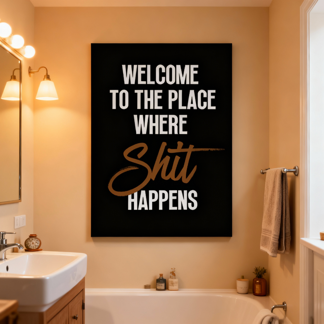 Fun bathroom wall art—"Handwritten Twist: Welcome to the Shit Place"