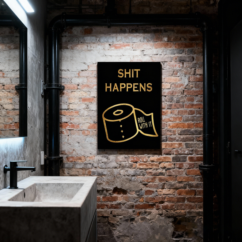 Fun bathroom wall art—"Shit Happens & Roll With It"