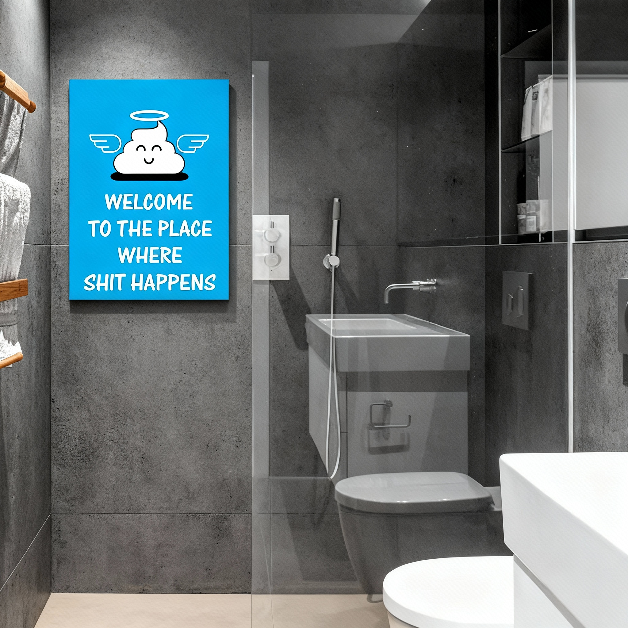 Fun bathroom wall art—"Angelic Shit: Welcome to the Place"