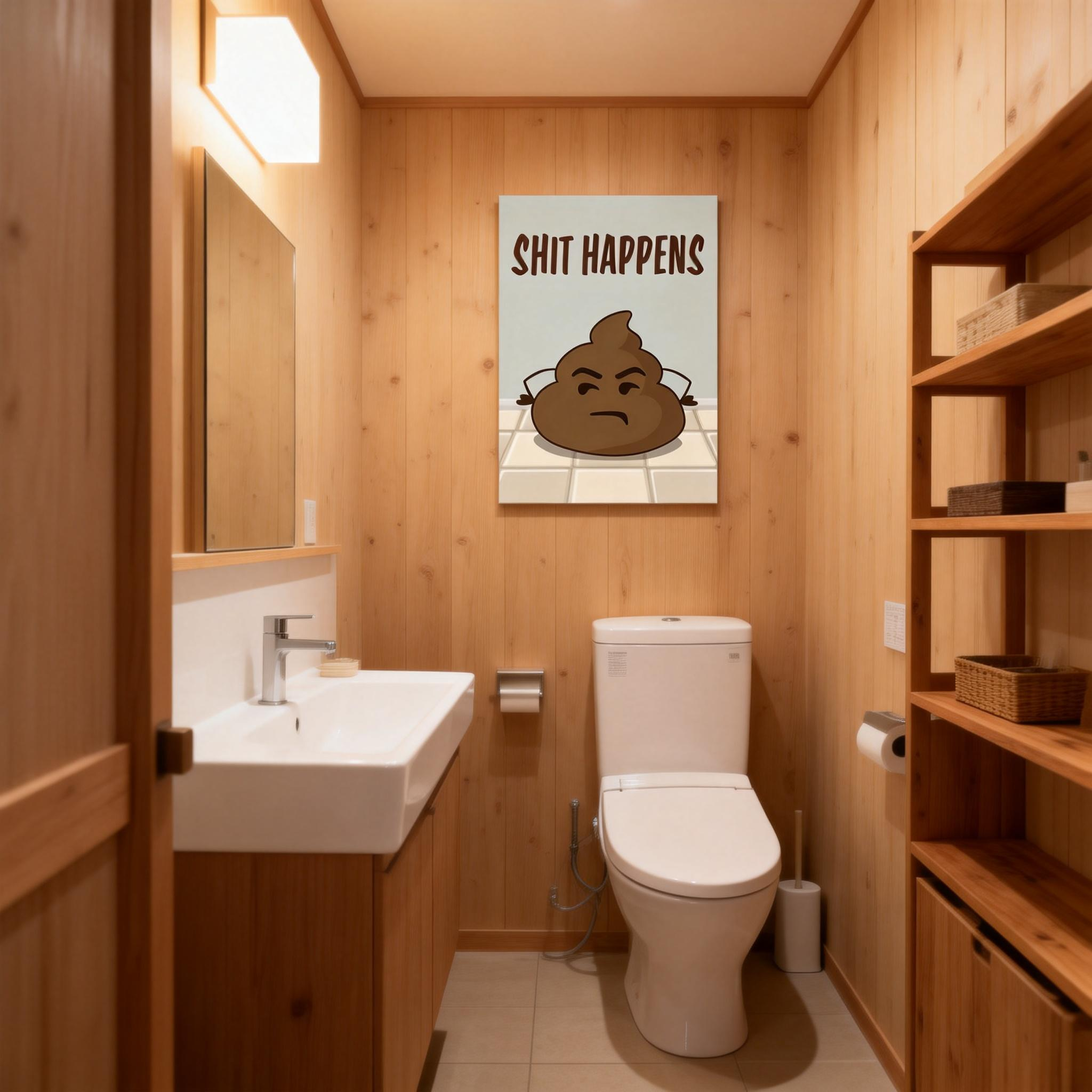 Fun bathroom wall art—"Grumpy Poop: Shit Happens (With Attitude)"