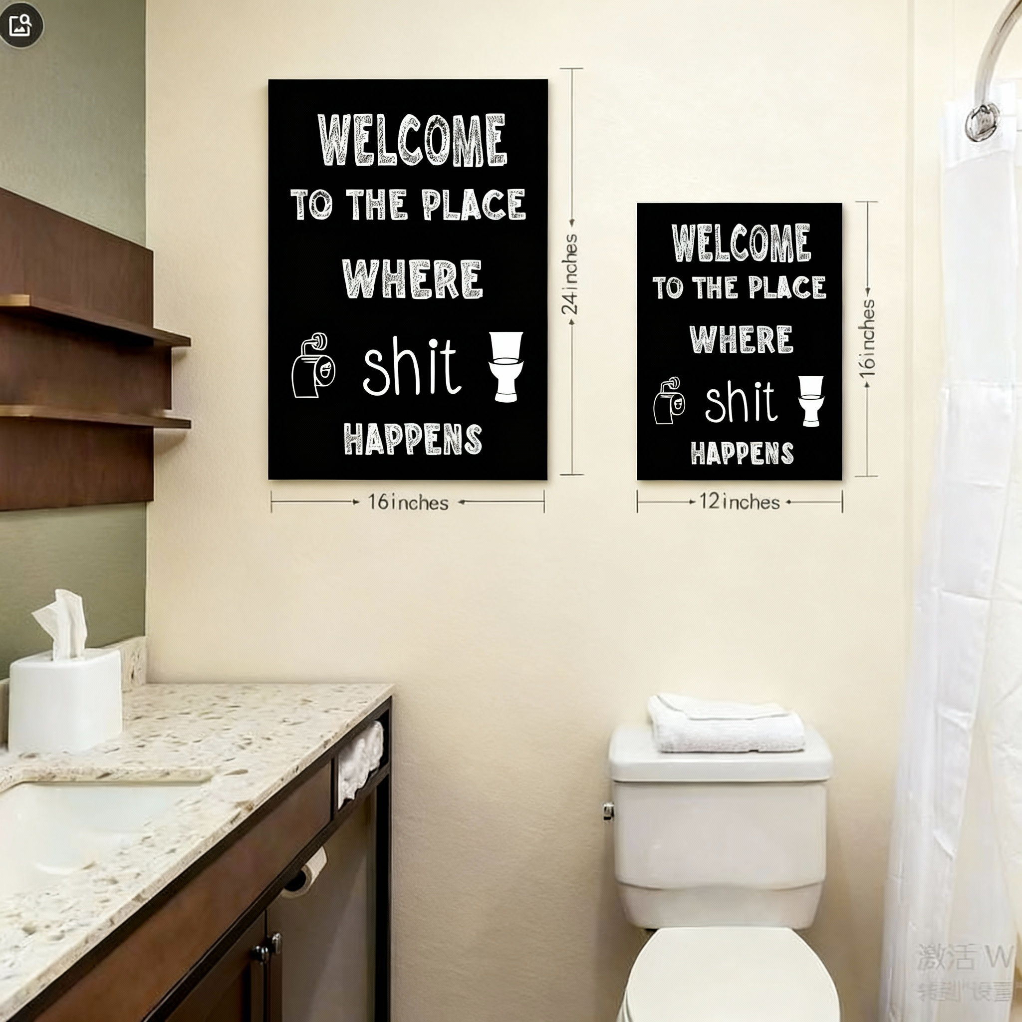 Fun bathroom wall art—"Welcome to the Place (Toilet & Roll Included)