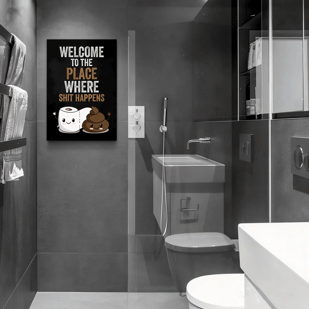 Fun bathroom wall art—"Where Shit Happens (With Pals)