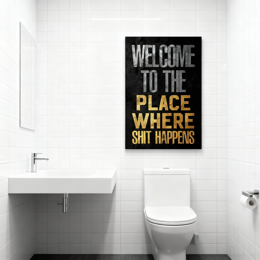 Fun bathroom wall art—"Gilded & Grungy: Welcome to the (Fancy) Shit Place"