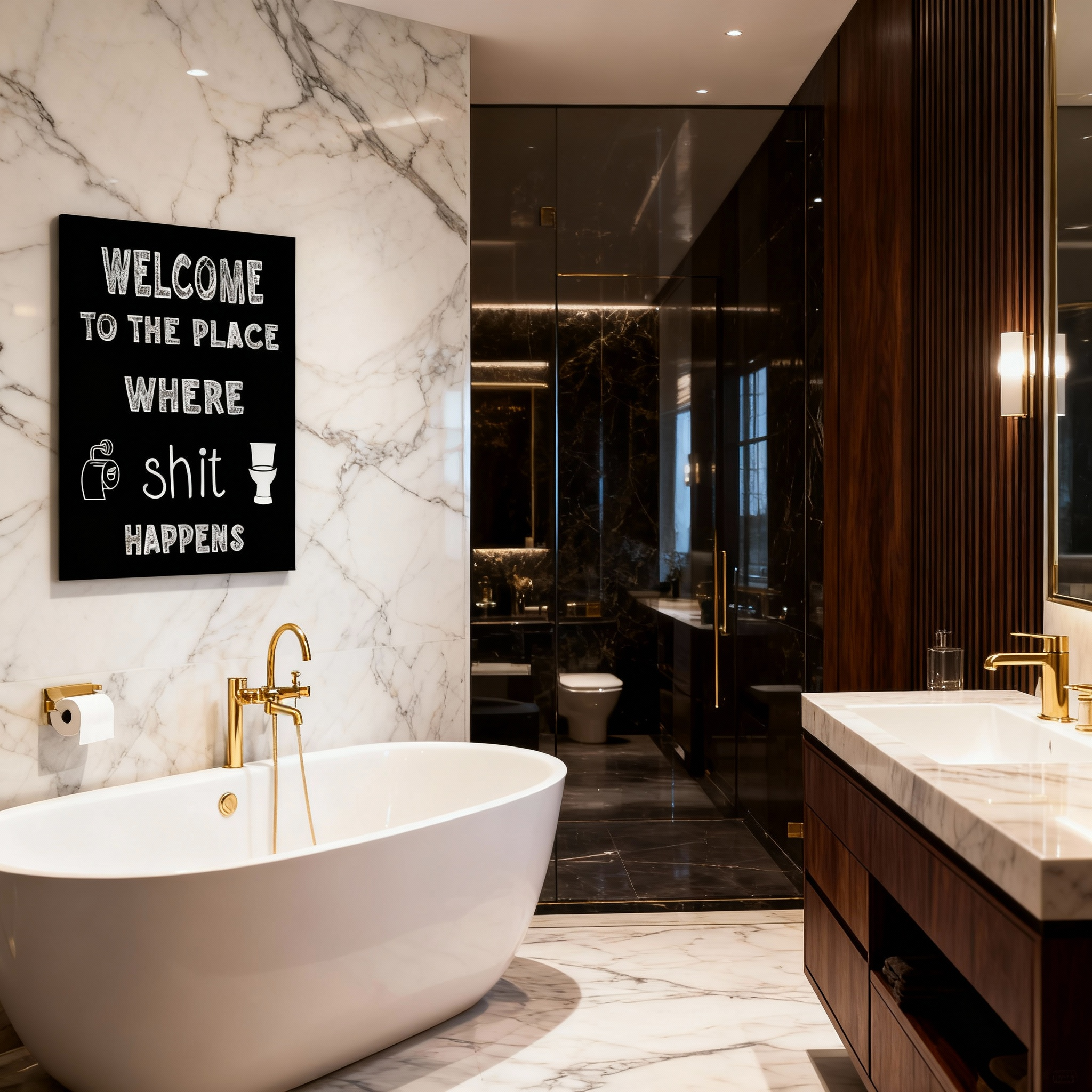 Fun bathroom wall art—"Welcome to the Place (Toilet & Roll Included)