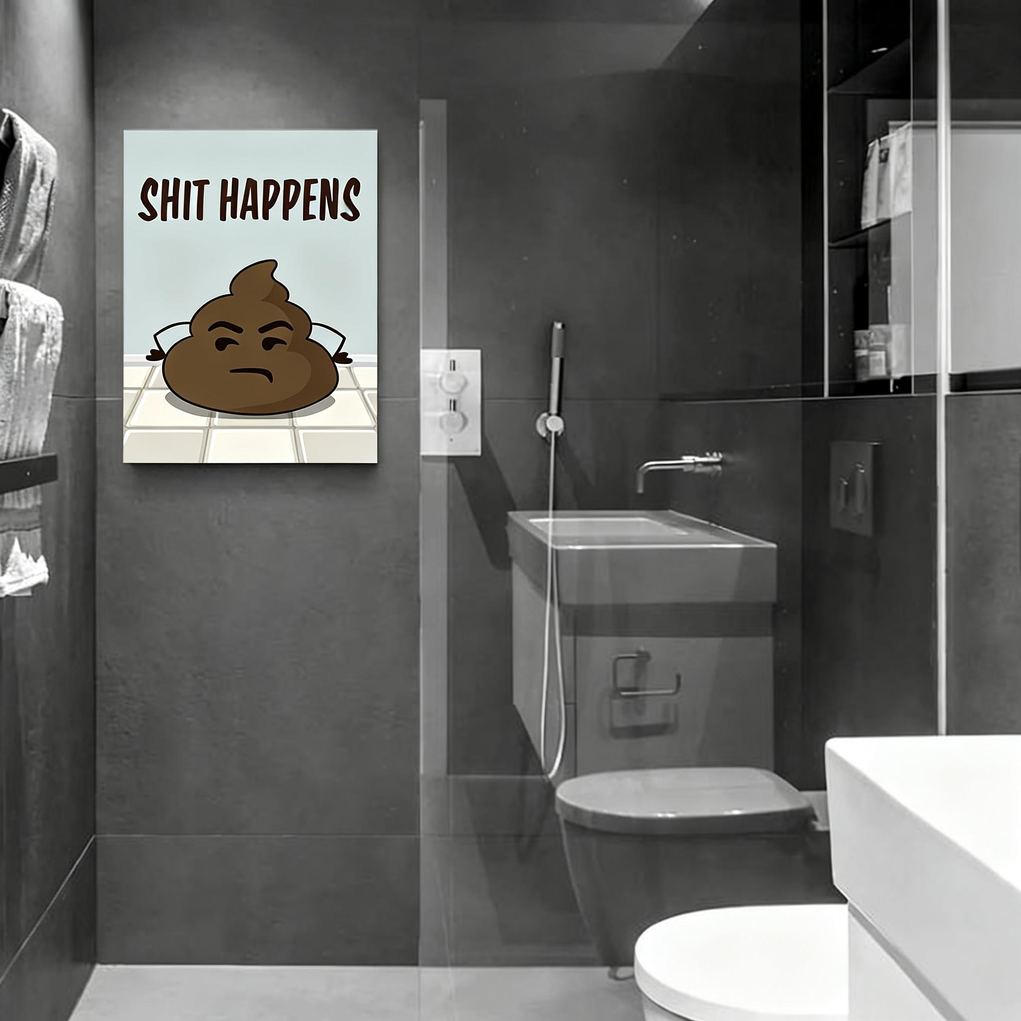 Fun bathroom wall art—"Grumpy Poop: Shit Happens (With Attitude)"