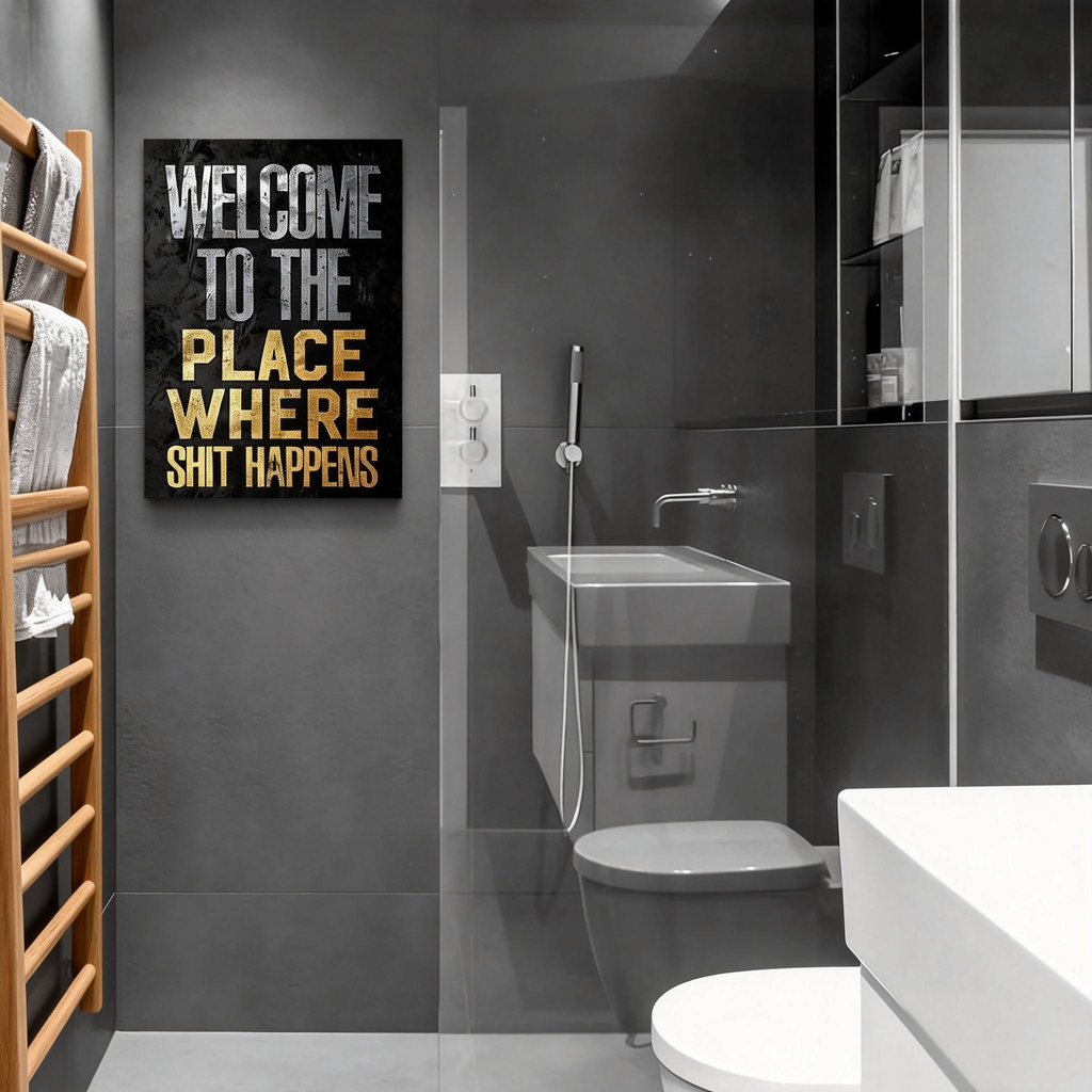 Fun bathroom wall art—"Gilded & Grungy: Welcome to the (Fancy) Shit Place"