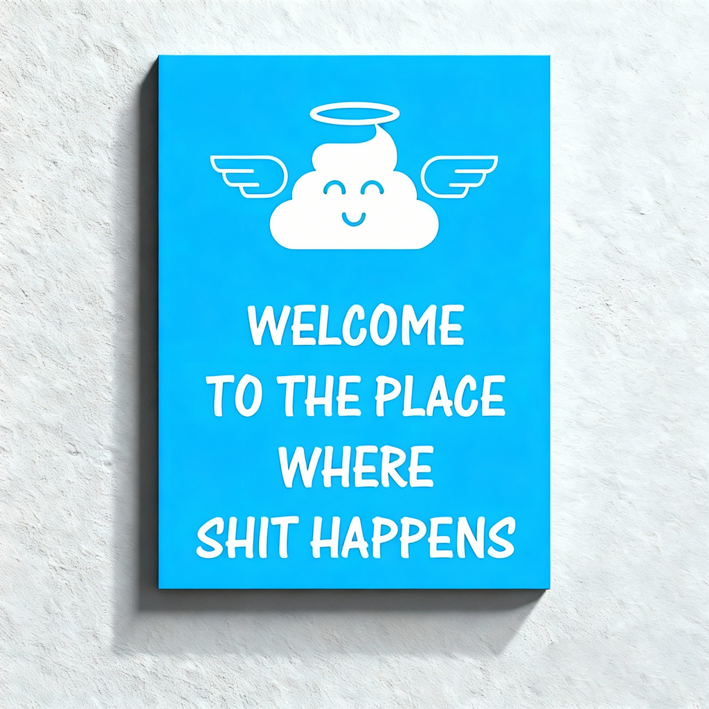 Fun bathroom wall art—"Angelic Shit: Welcome to the Place"