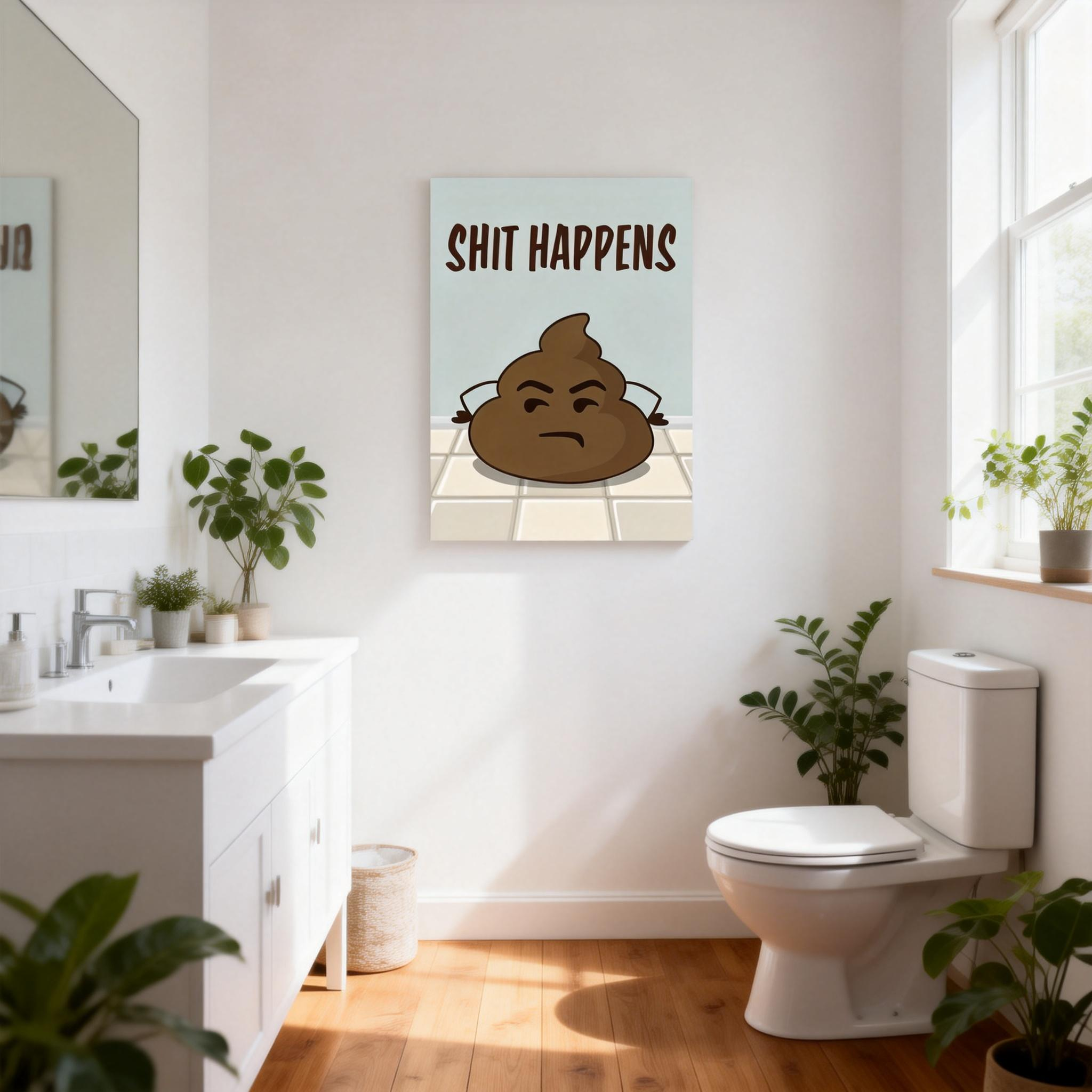 Fun bathroom wall art—"Grumpy Poop: Shit Happens (With Attitude)"