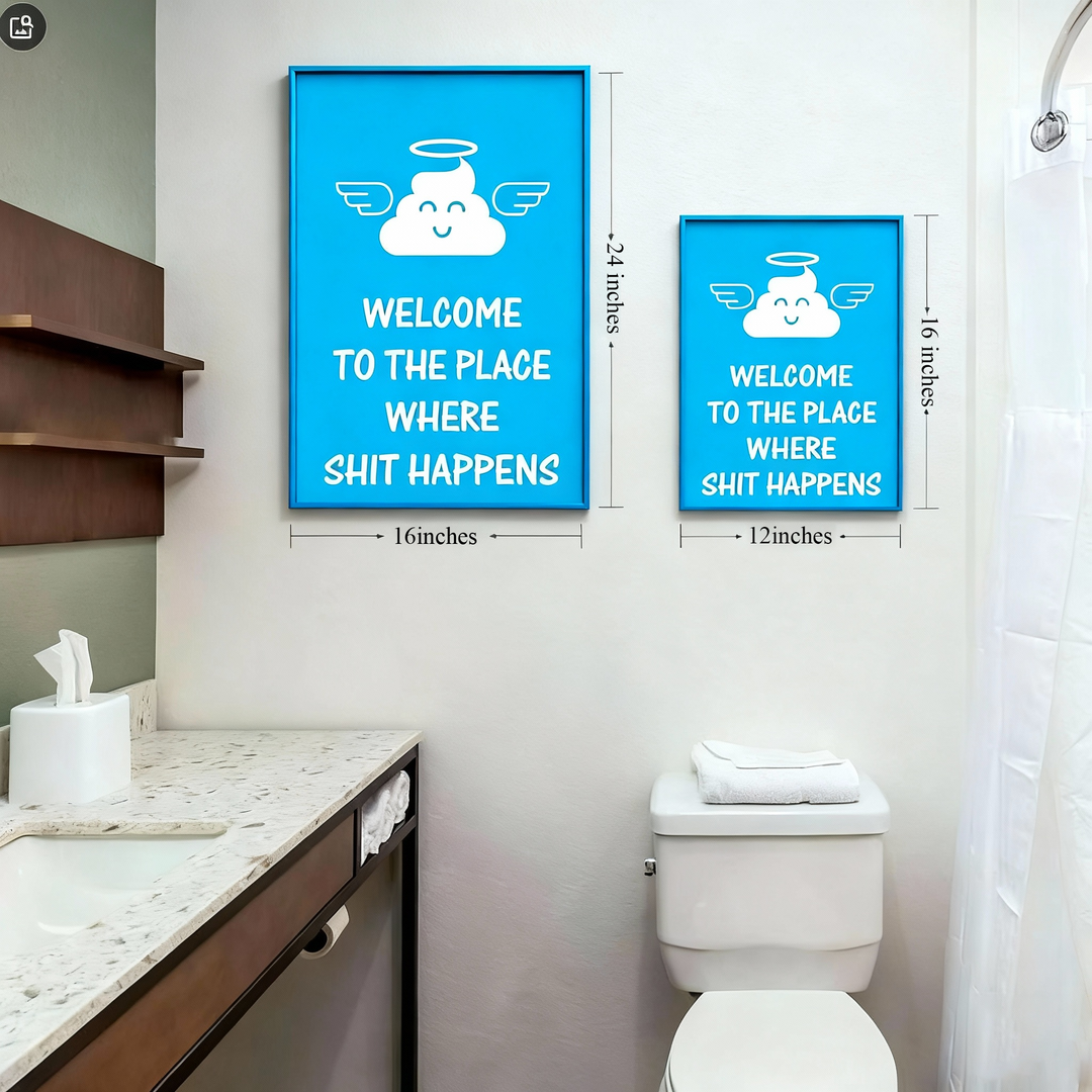 Fun bathroom wall art—"Angelic Shit: Welcome to the Place"