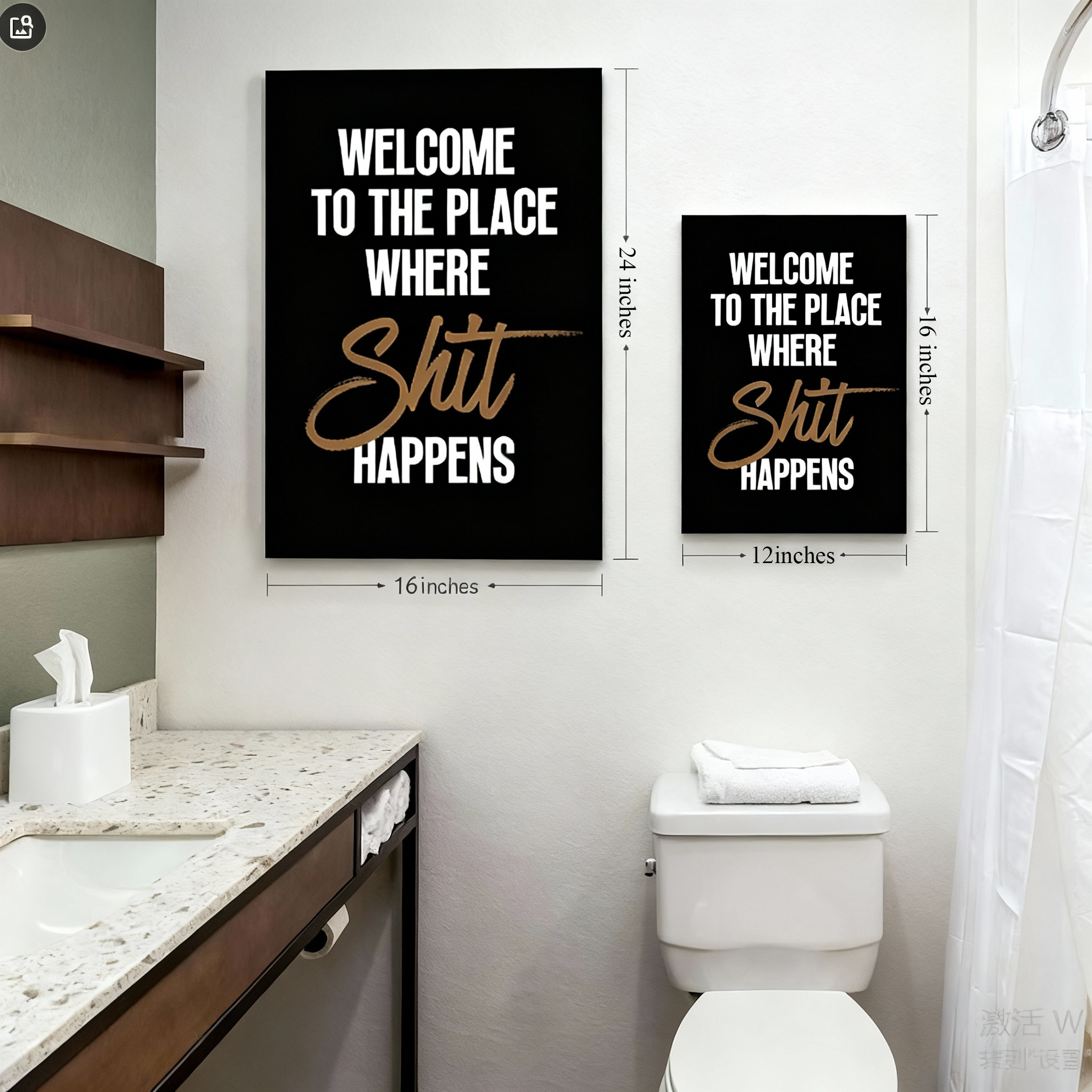 Fun bathroom wall art—"Handwritten Twist: Welcome to the Shit Place"