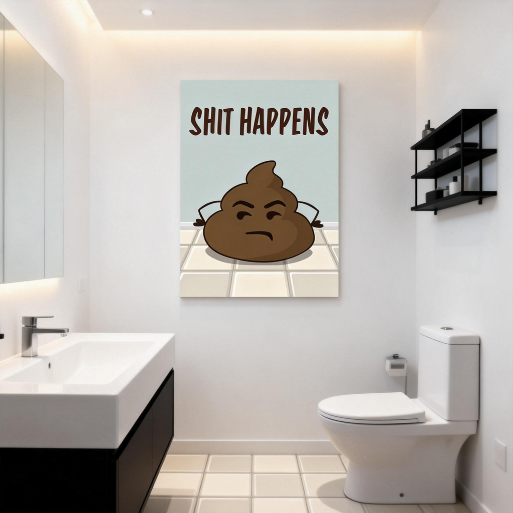 Fun bathroom wall art—"Grumpy Poop: Shit Happens (With Attitude)"