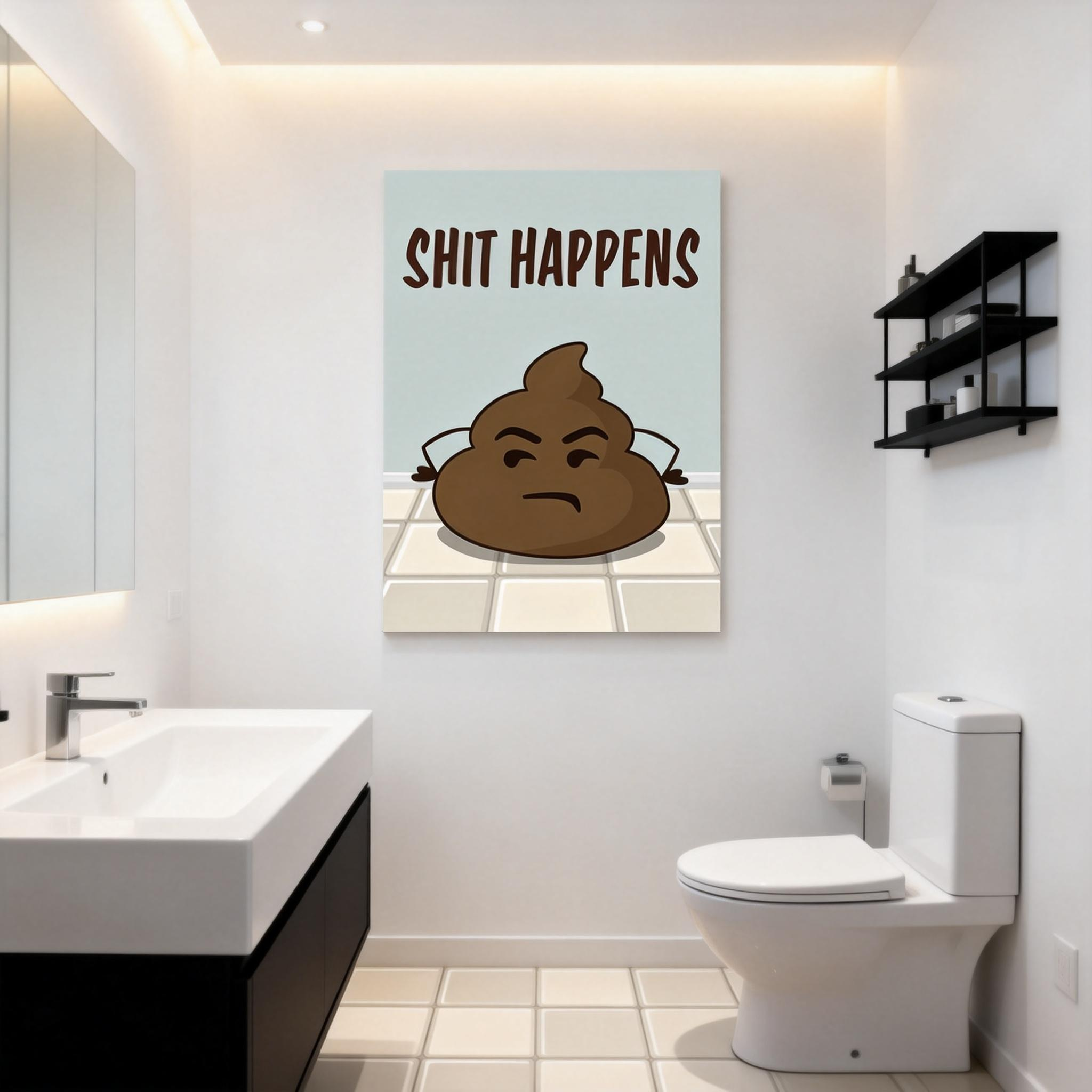 Fun bathroom wall art—"Grumpy Poop: Shit Happens (With Attitude)"