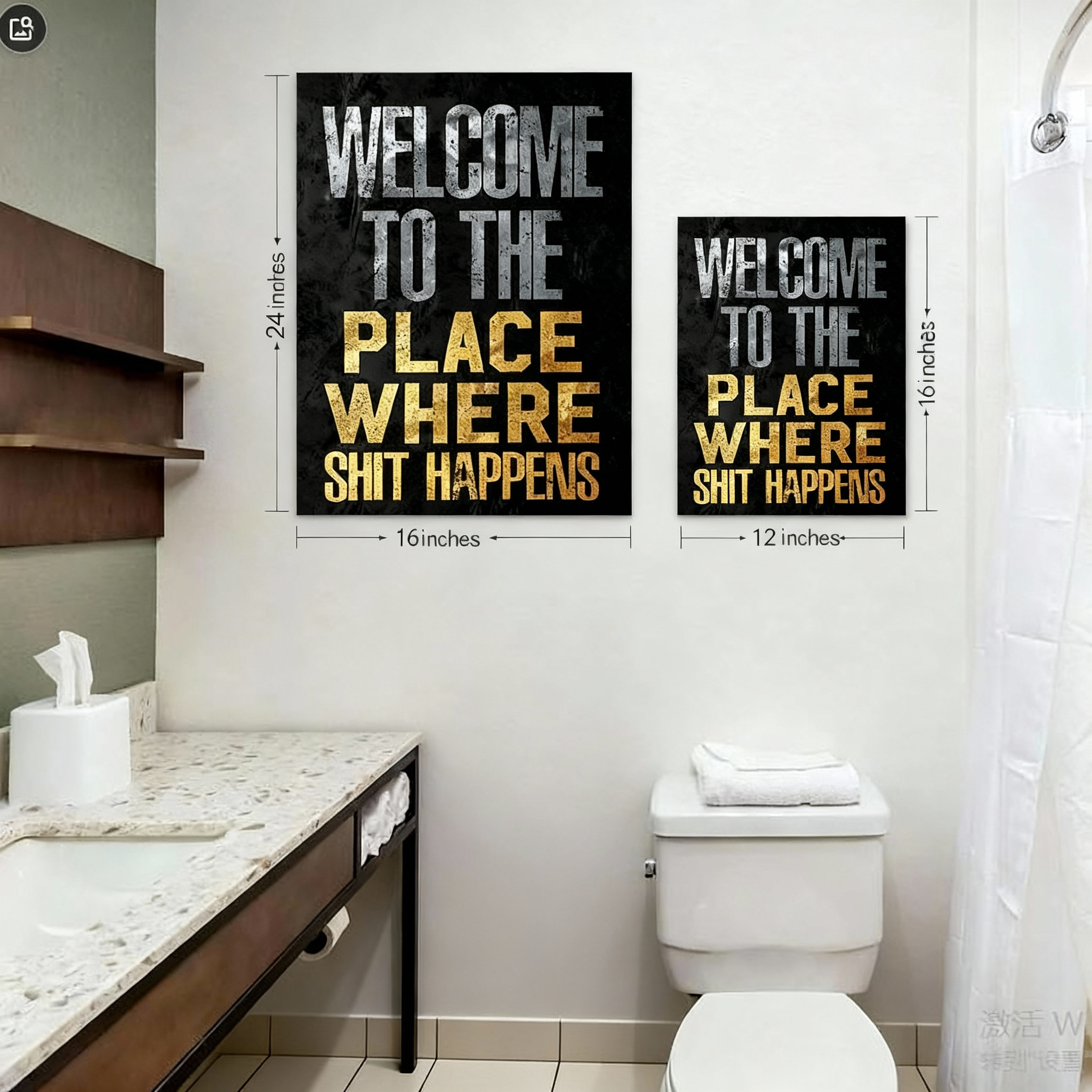 Fun bathroom wall art—"Gilded & Grungy: Welcome to the (Fancy) Shit Place"