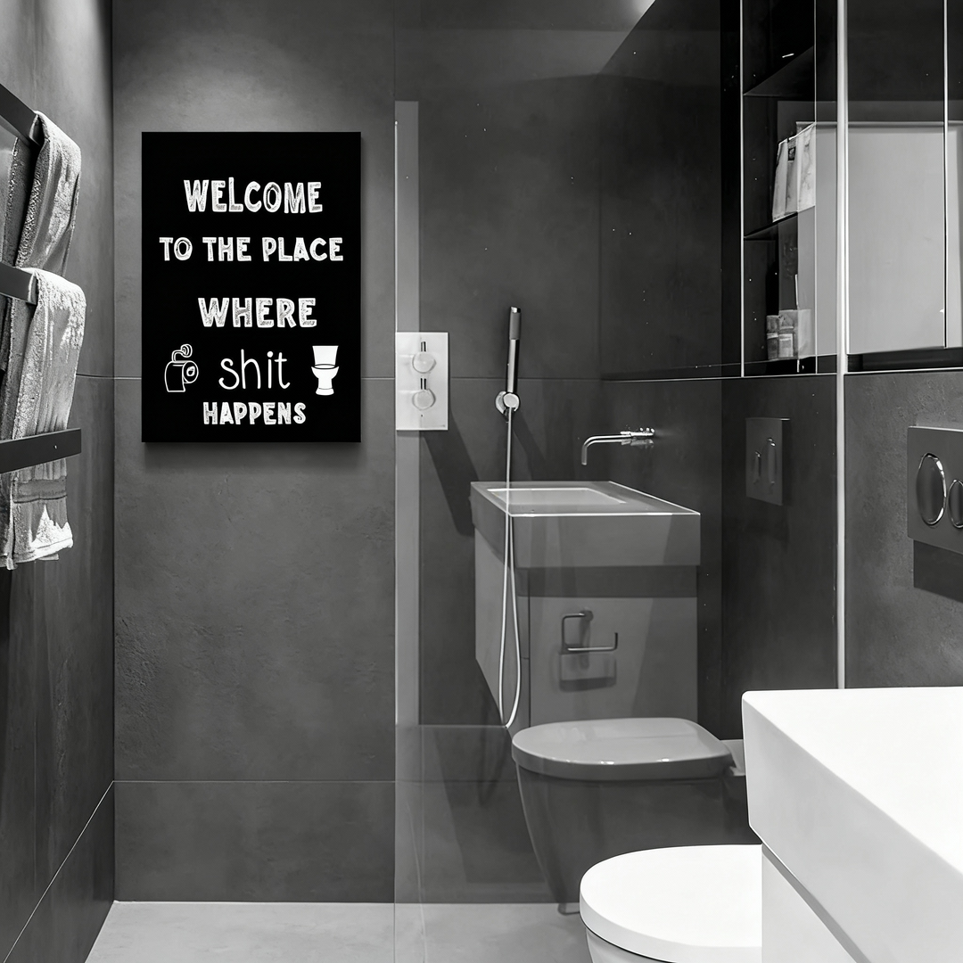 Fun bathroom wall art—"Welcome to the Place (Toilet &amp; Roll Included)