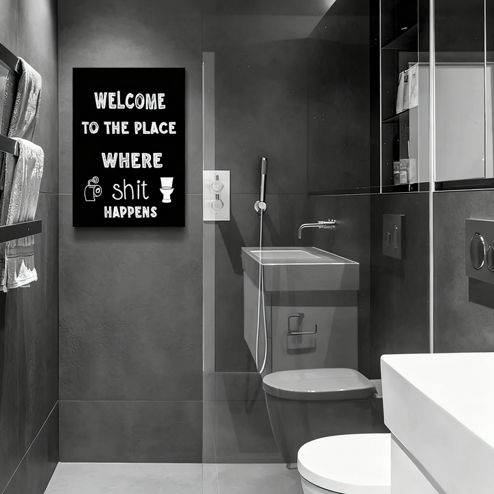 Fun bathroom wall art—"Welcome to the Place (Toilet &amp; Roll Included)